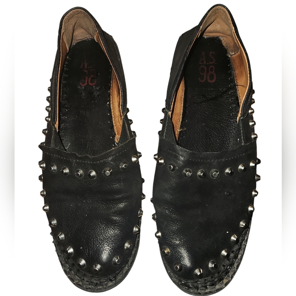 A.S.98 Black Leather Studded Loafers